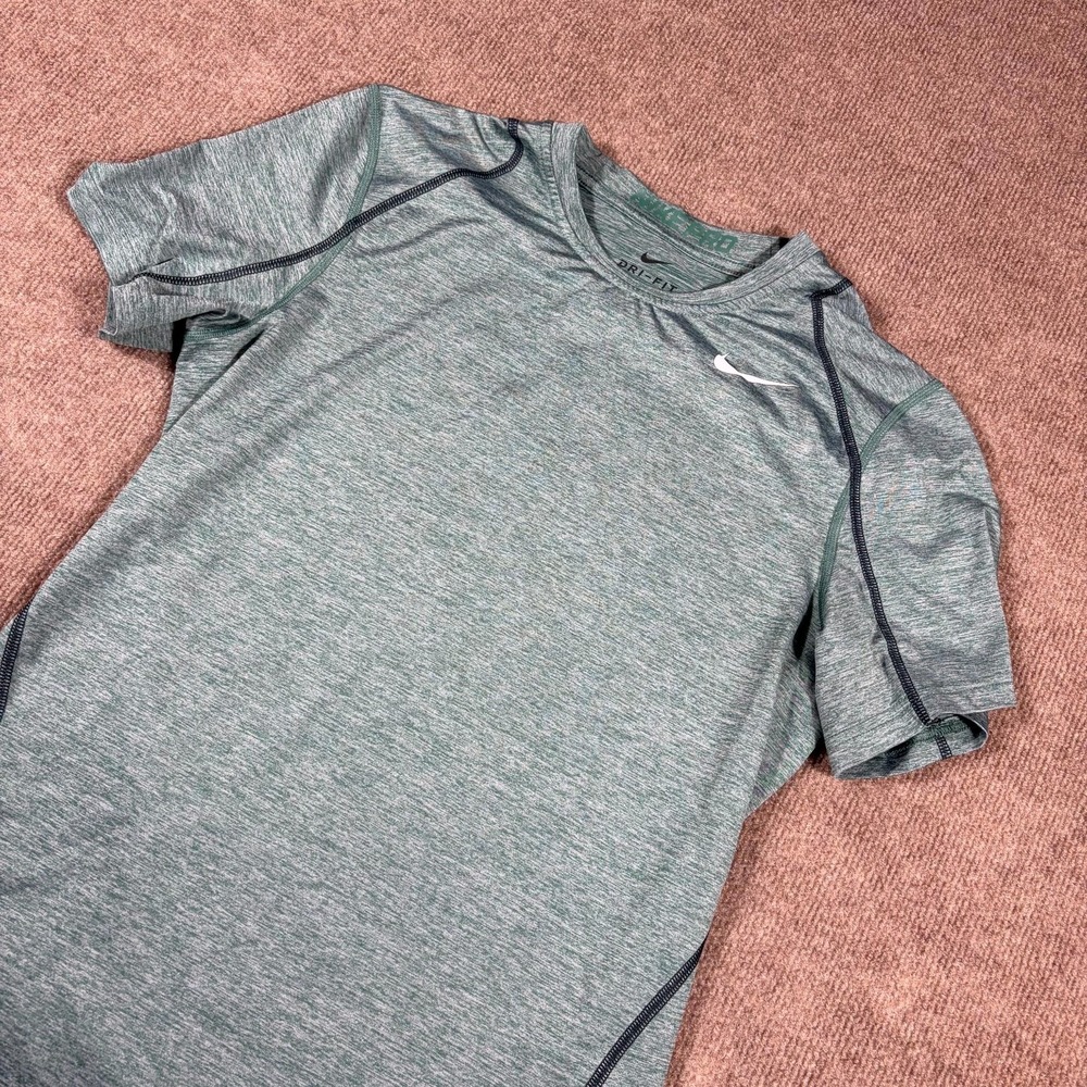 Nike Dri Fit Fitted Training T-Shirt Mens Small Heather Green Logo Raglan Sleeve